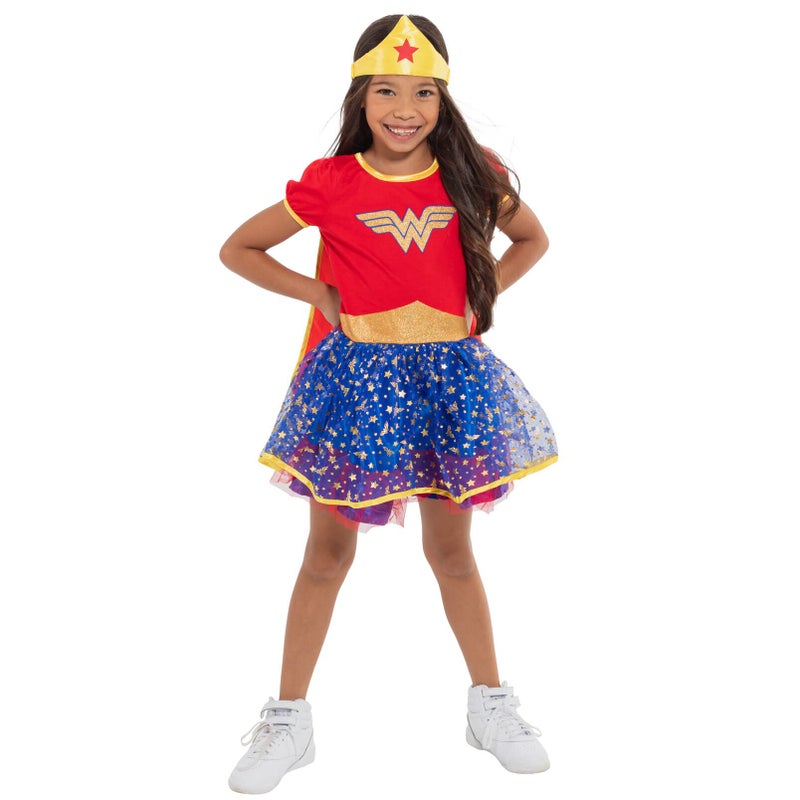 WB Warner Bros. Justice League Wonder Woman Toddler Girls Short Sleeve Costume Cape Dress & Headband 2T - Image 1